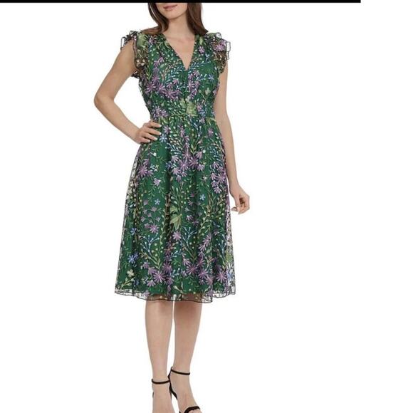 Maggie London Green Floral Embroidered Ruffle Sleeveless A-Line Midi Dress 10 - Picture 2 of 10